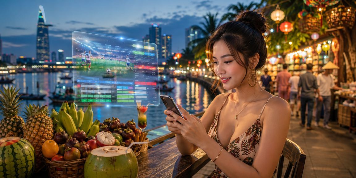 Ứng dụng di động xsbtr được sử dụng tại bãi biển Sài Gòn với giao diện casino hiện đại
